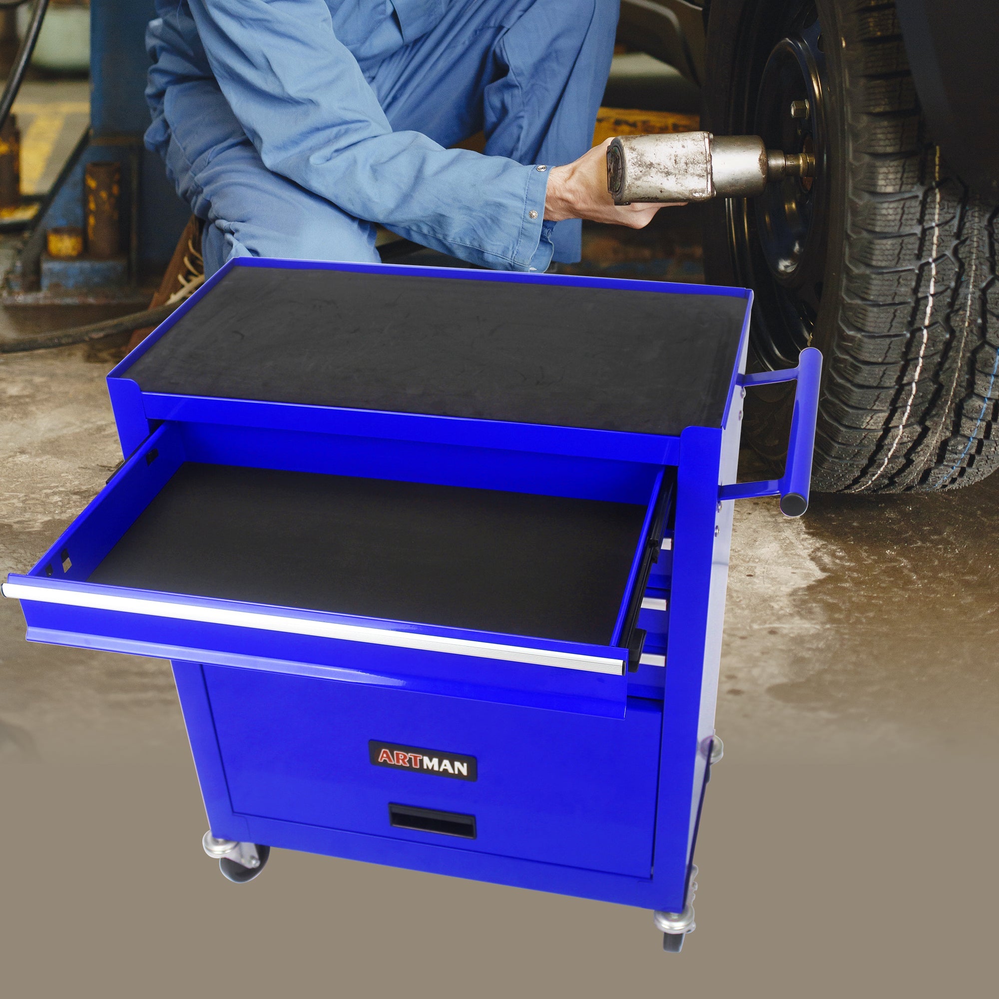 4 Drawers Multifunctional Tool Cart With Wheels-Blue