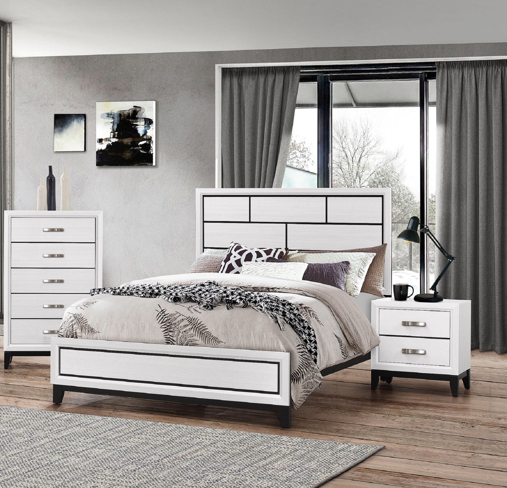 Cotemporary White Finish Queen Size Panel Low-profile Bed Geometric Design Wooden Bedroom Furniture