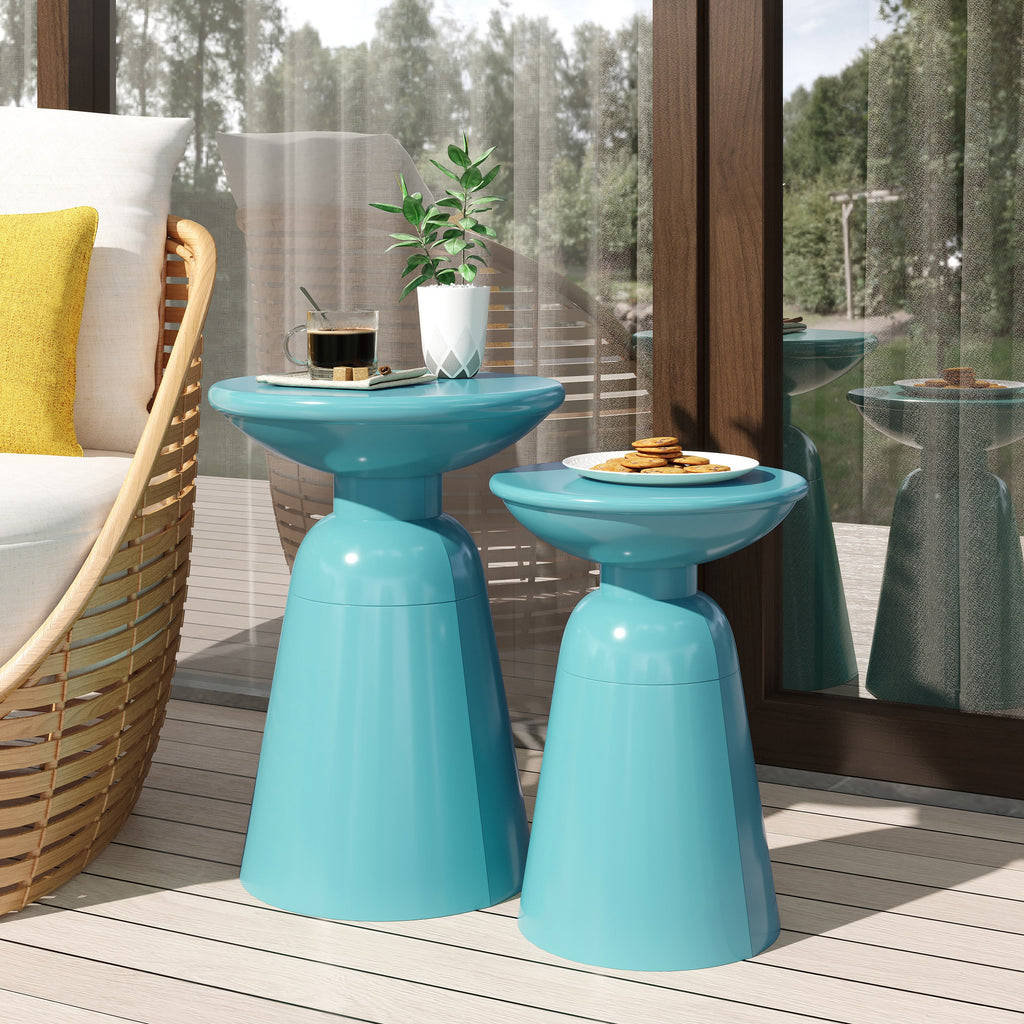 Serenita Outdoor Iron Side Tables with Flared Design, Set of 2 , Teal