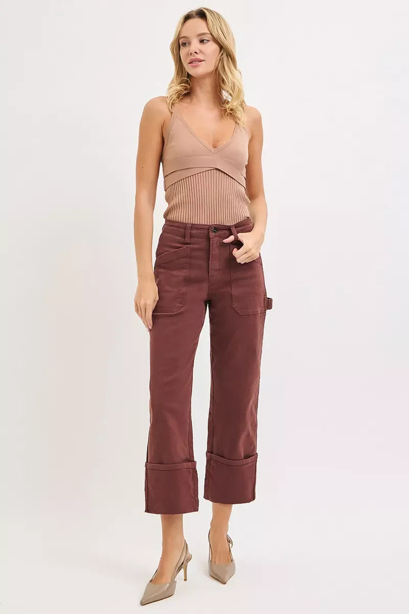RISEN Full Size High Rise Wide Straight Cuffed Patch Jeans Plus Size