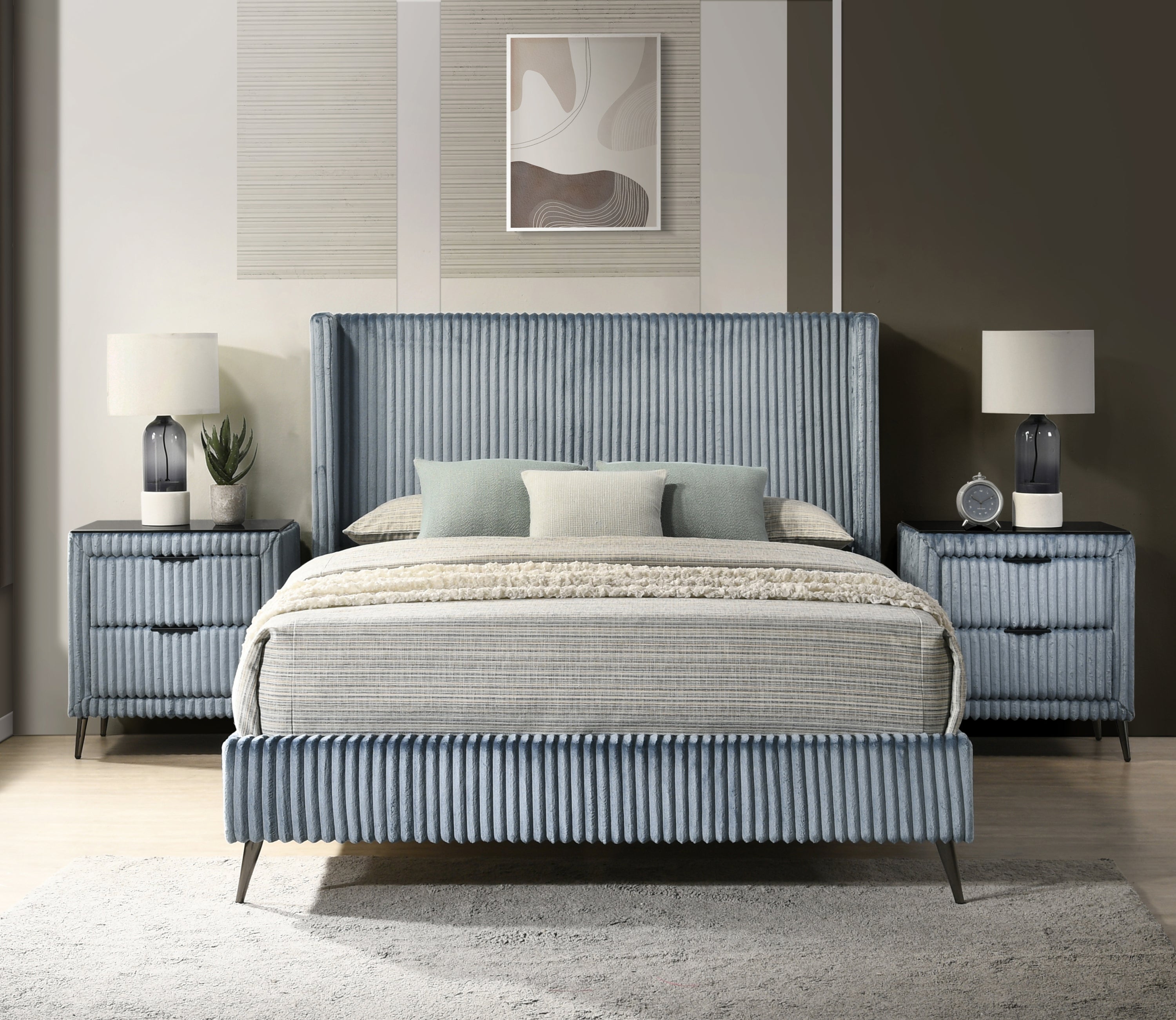 Mavela Wide Wale Corduroy Upholstery Panel Queen Bed with 2 Nightstands, Blue