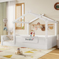 Twin Size Floor Bed with Guardrails and Roof, Kids House Floor Bed with a Small Built-in Tray and Free-installed Signboard, Childlike Design, White