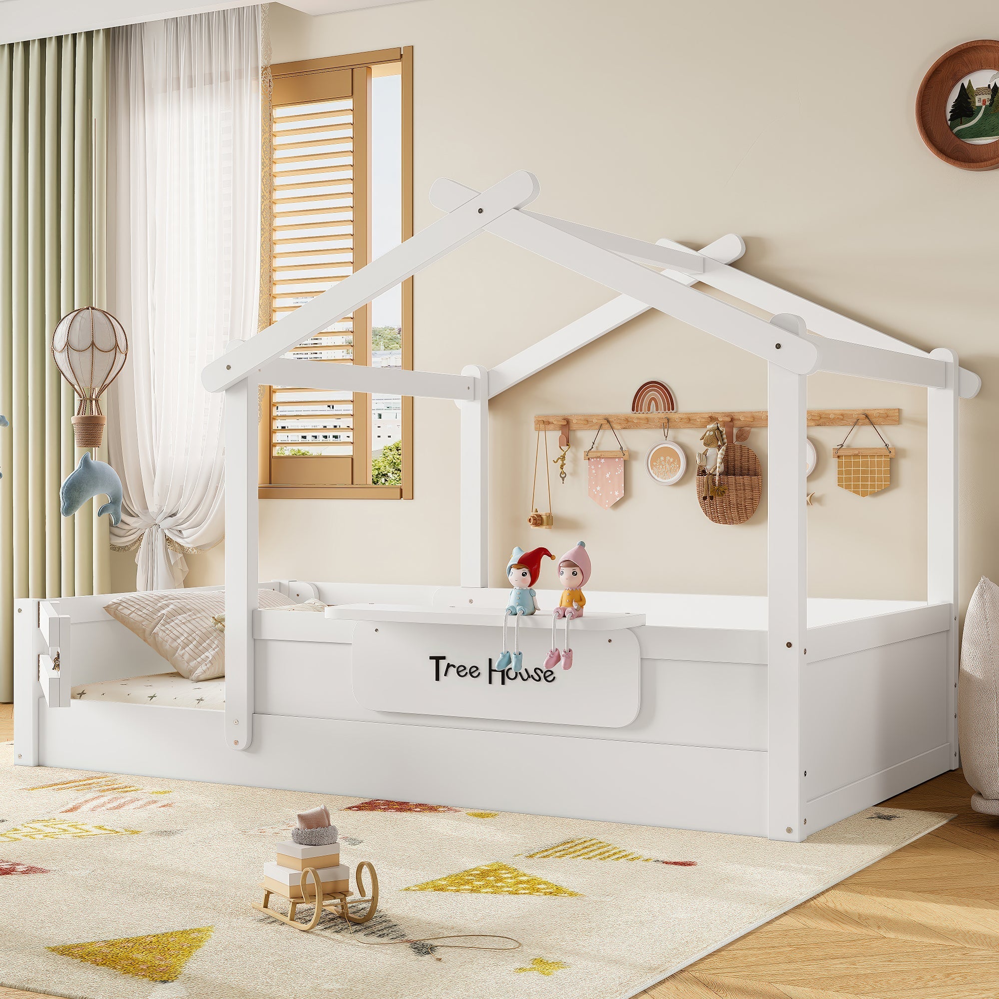 Twin Size Floor Bed with Guardrails and Roof, Kids House Floor Bed with a Small Built-in Tray and Free-installed Signboard, Childlike Design, White