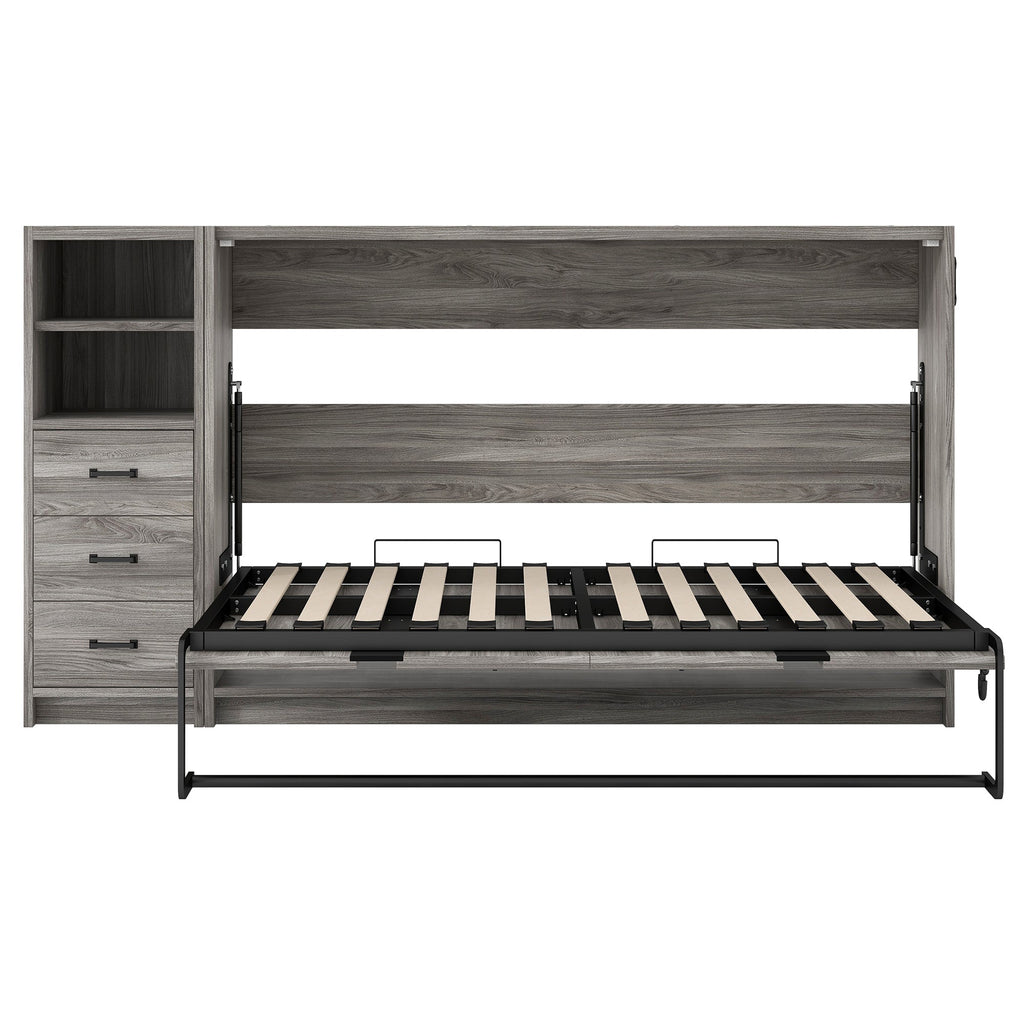 Twin Size Murphy Bed with Drawers and LED Light, can be Folded into a Cabinet, Gray