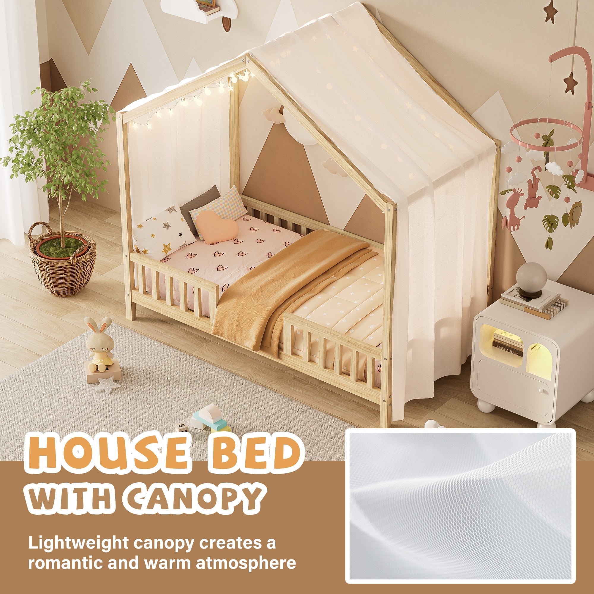 Montessori Floor Bed with Canopy, Twin Bed Frame for Kids, House Shape Kids Bed Frame with High Railings, Wood Kids Bed with Roof, Kid Twin Bed, Natural