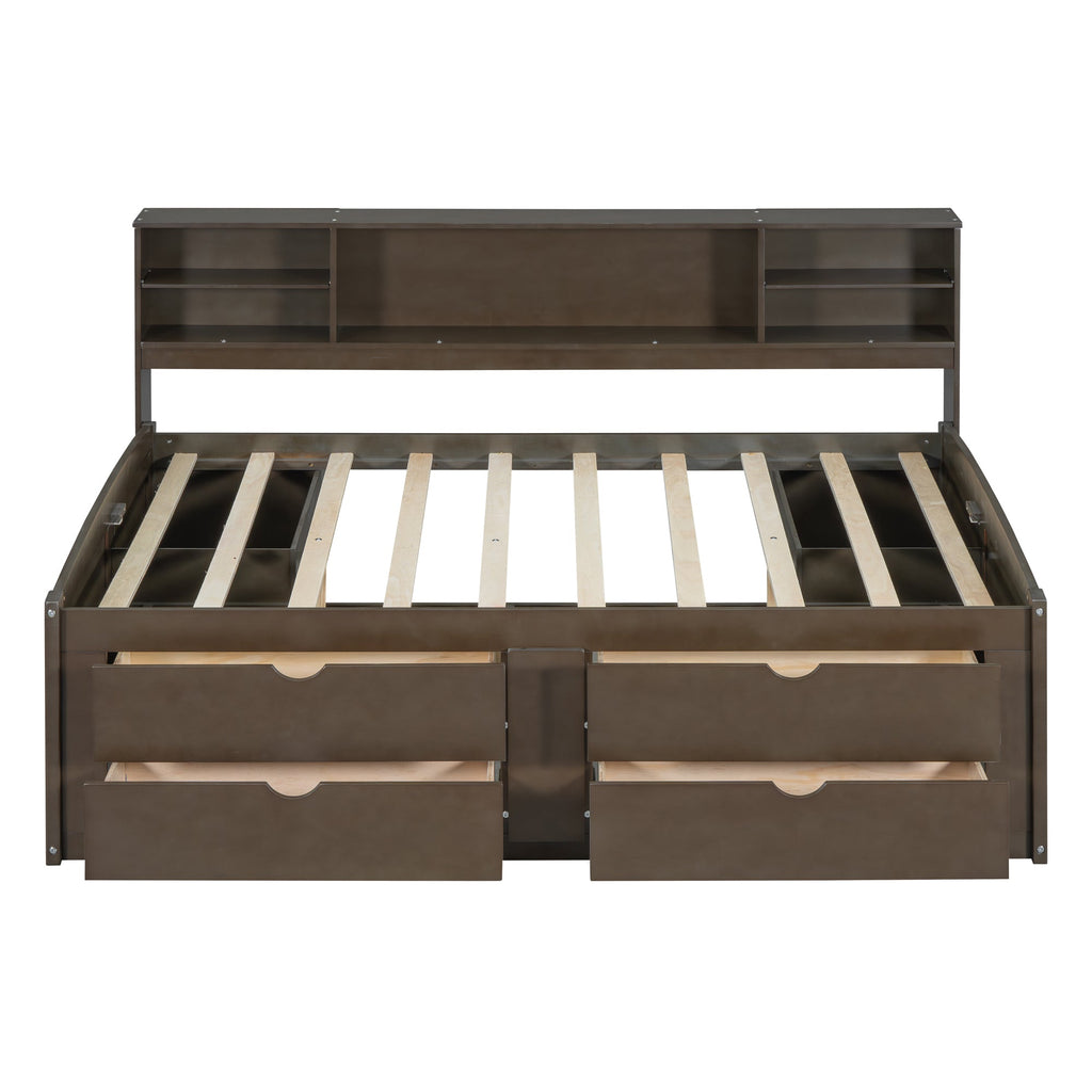 Full Size Wood Daybed with 2 Bedside Cabinets, Upper Shelves and 4 Drawers, Antique Brown