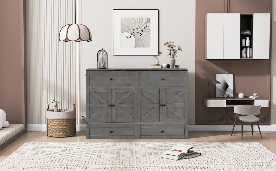 Queen Size Murphy Bed with Large Drawers & USB Ports,Brushed Gray