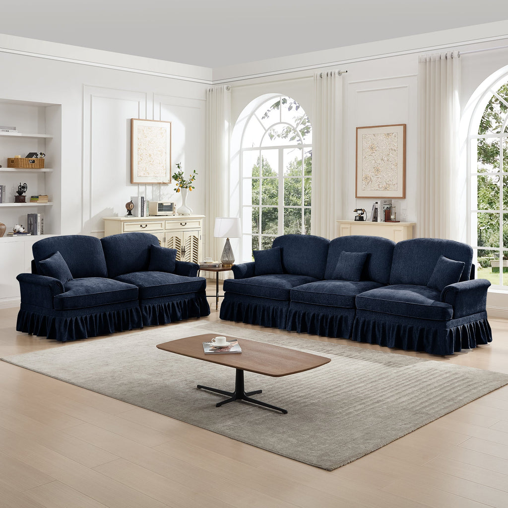 Classic 2 Piece Modular Couch Living Room Sofa Set with Flared Arms and Removable Ruffles Pleats Skirts and Spindle Legs, 3 Seater Sofa + 2-Seat Loveseat Sofa Sets for Living Room, Blue