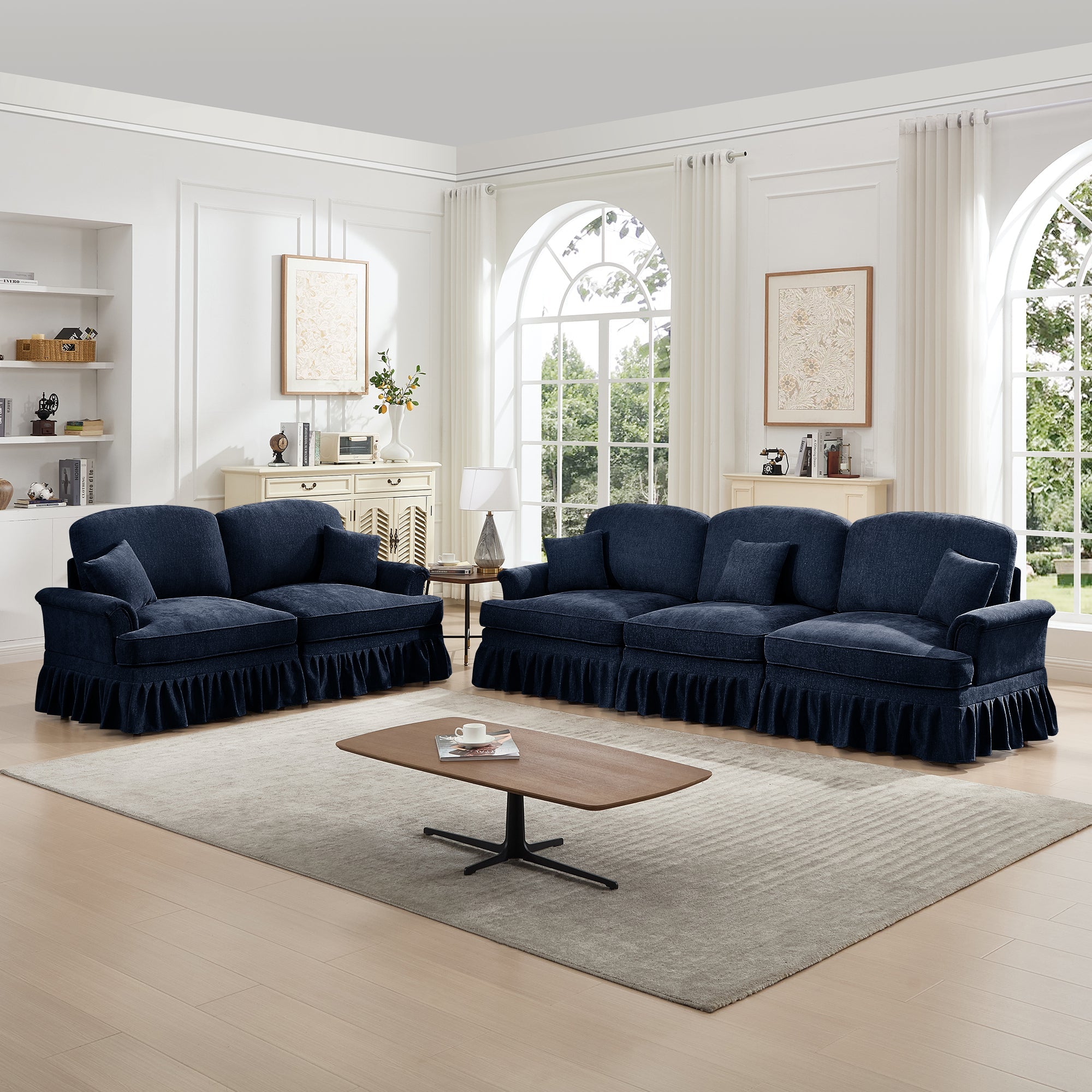 Classic 2 Piece Modular Couch Living Room Sofa Set with Flared Arms and Removable Ruffles Pleats Skirts and Spindle Legs, 3 Seater Sofa + 2-Seat Loveseat Sofa Sets for Living Room, Blue