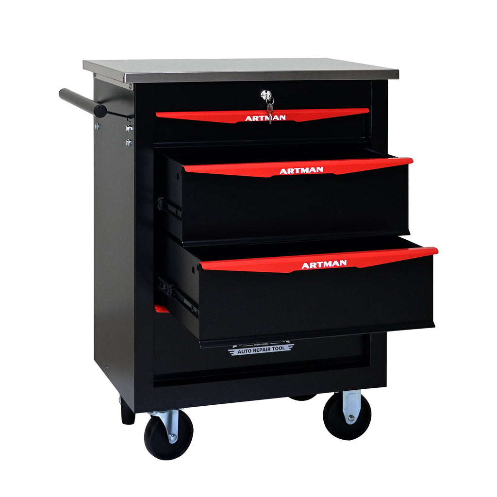 4-Drawer Multifunctional Tool Cart with Wheels, Metal Rolling Tool Cart Storage for Garage Workshop Warehouse Repair Shop - with Stainless Steel Roof - Black & Red