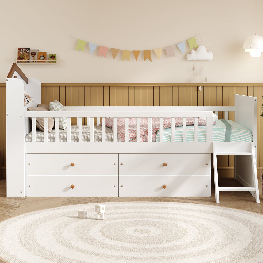 Twin Bed Frame with Storage 4 Drawers,Wooden Bed Frame for Kids,Platform Twin Size Bed with Guardrail Headboard and Ladder, No Box Spring Needed, Easy Assembly, White