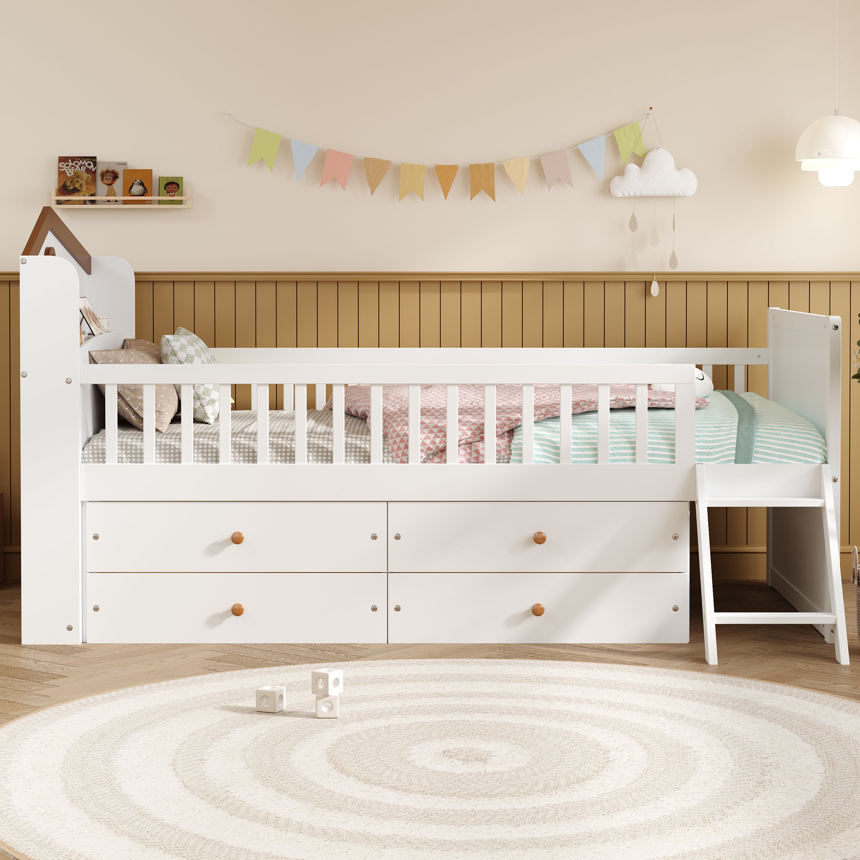 Twin Bed Frame with Storage 4 Drawers,Wooden Bed Frame for Kids,Platform Twin Size Bed with Guardrail Headboard and Ladder, No Box Spring Needed, Easy Assembly, White