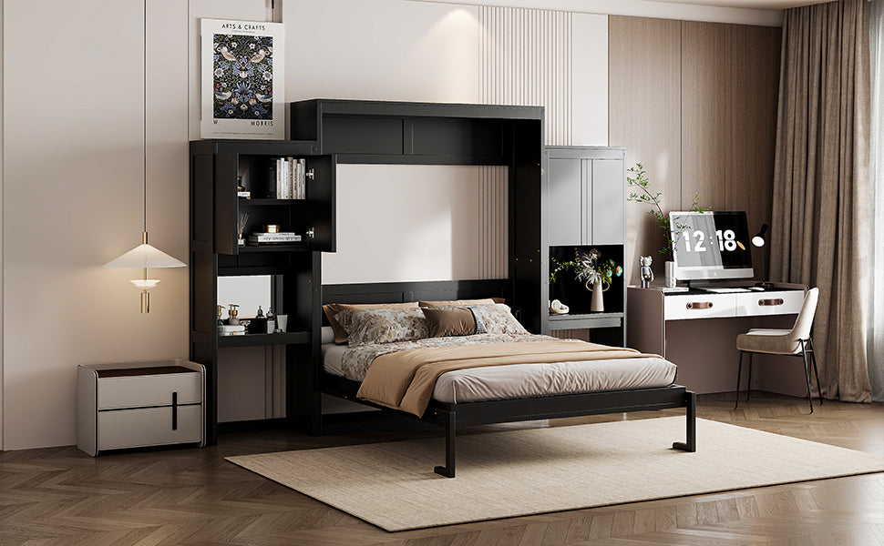 Queen Size Murphy Bed with Desk, Vanity and Cabinets, Espresso(OLD SKU: N820S00057P)