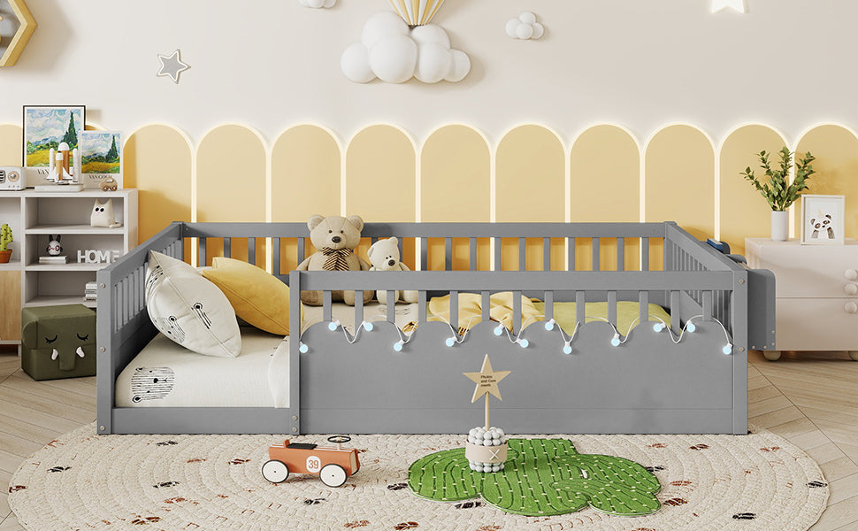 Full Montessori Floor Bed Frame with High Rails, Wood Kids Floor Beds with Light and Storage Shelf, Gray(Expect Arrival Date 2025/8/15)