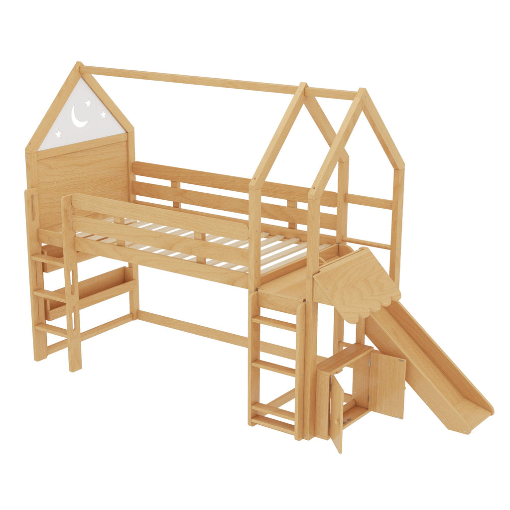 Twin Size Loft Bed with Bookshelf Playful Design for Kids House-Shaped Structure with Slide High-Quality Safety Rails,Natural