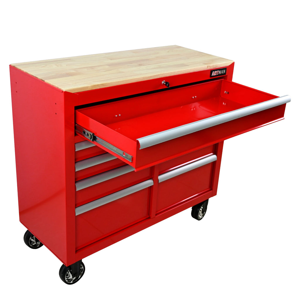 9-Drawer Multifunctional Steel Tool Cart with Wheels and Wooden Top, Red