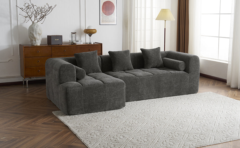 Modern Grey Modular Sectional Sofa with Deep Seating and Side Pockets in Chenille Fabric