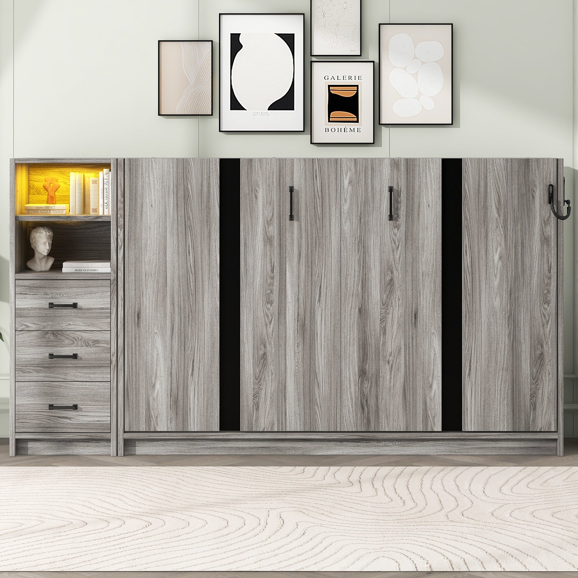 Twin Size Murphy Bed with Drawers and LED Light, can be Folded into a Cabinet, Gray