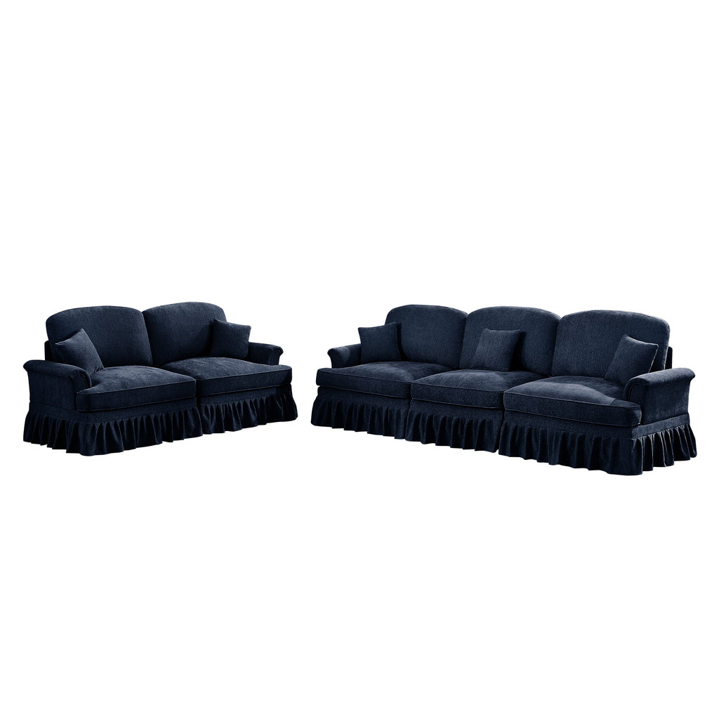 Classic 2 Piece Modular Couch Living Room Sofa Set with Flared Arms and Removable Ruffles Pleats Skirts and Spindle Legs, 3 Seater Sofa + 2-Seat Loveseat Sofa Sets for Living Room, Blue
