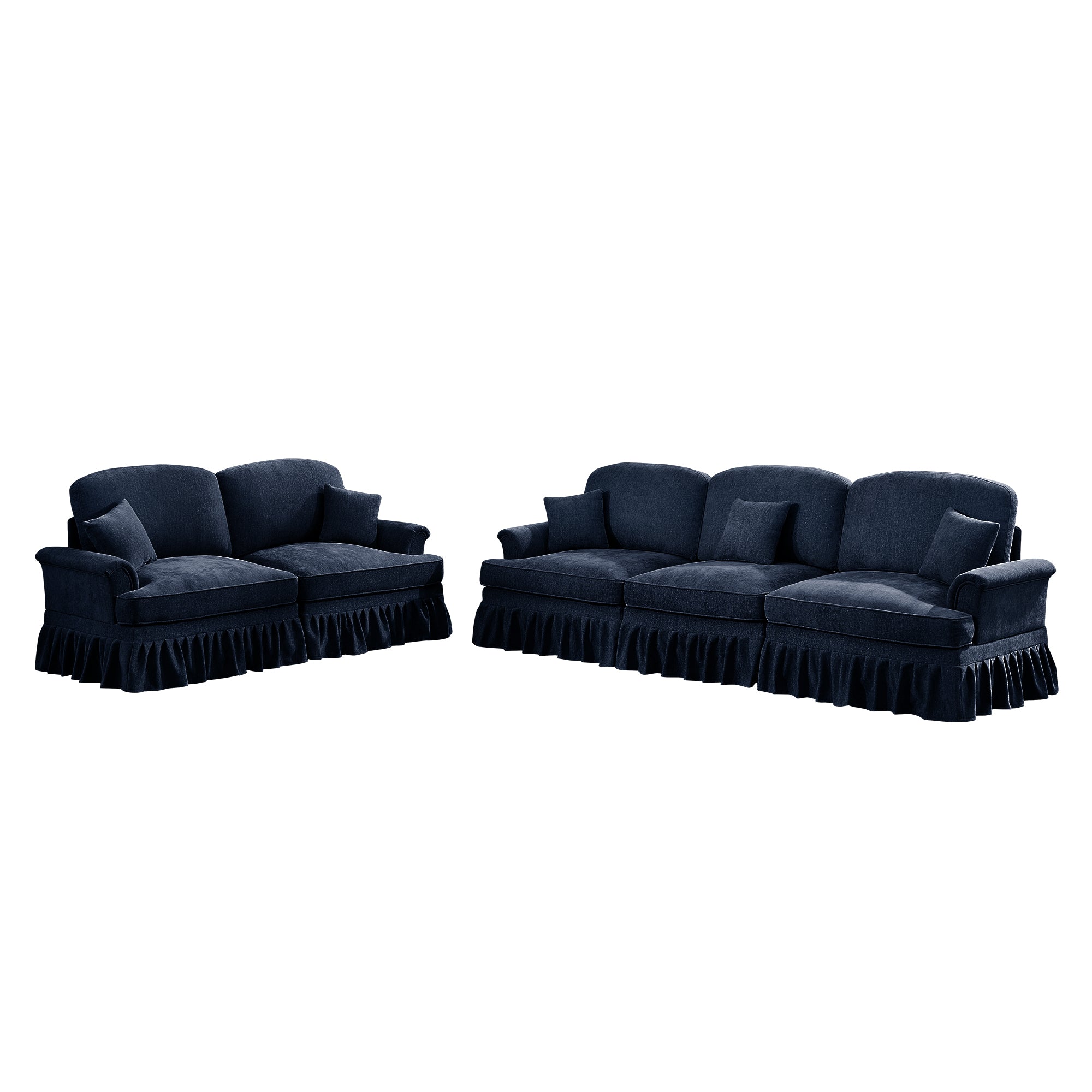 Classic 2 Piece Modular Couch Living Room Sofa Set with Flared Arms and Removable Ruffles Pleats Skirts and Spindle Legs, 3 Seater Sofa + 2-Seat Loveseat Sofa Sets for Living Room, Blue