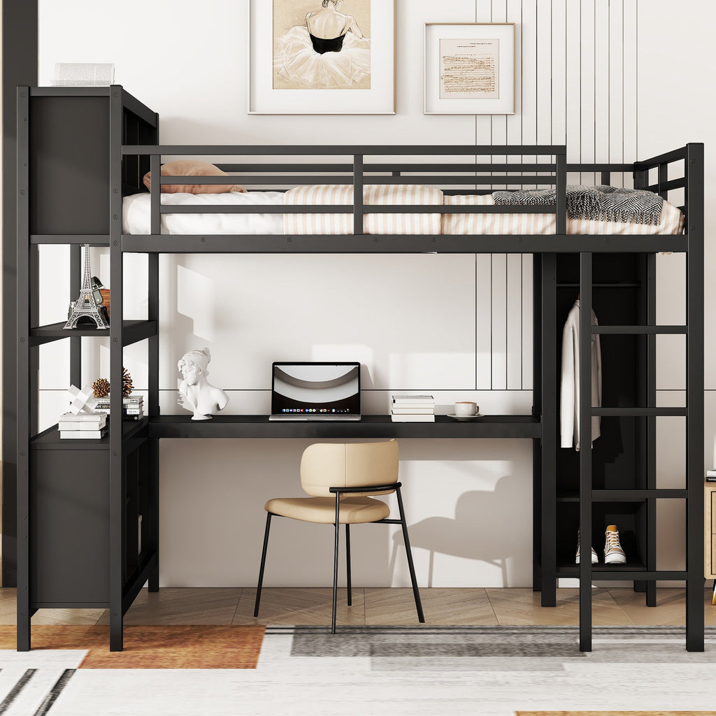 Metal Loft Bed with Wardrobe And L-shaped Desk, Full Size Loft Bed with Storage Cubes and Shelves, Heavy Duty Loft Bed for Kids Teens Adults, Black
