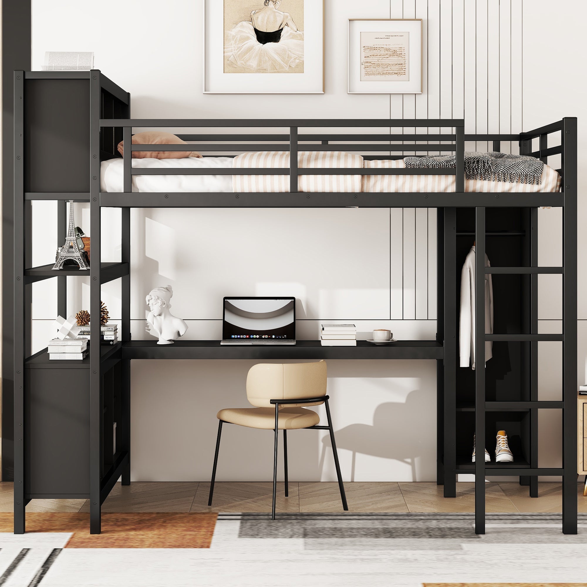 Metal Loft Bed with Wardrobe And L-shaped Desk, Full Size Loft Bed with Storage Cubes and Shelves, Heavy Duty Loft Bed for Kids Teens Adults, Black