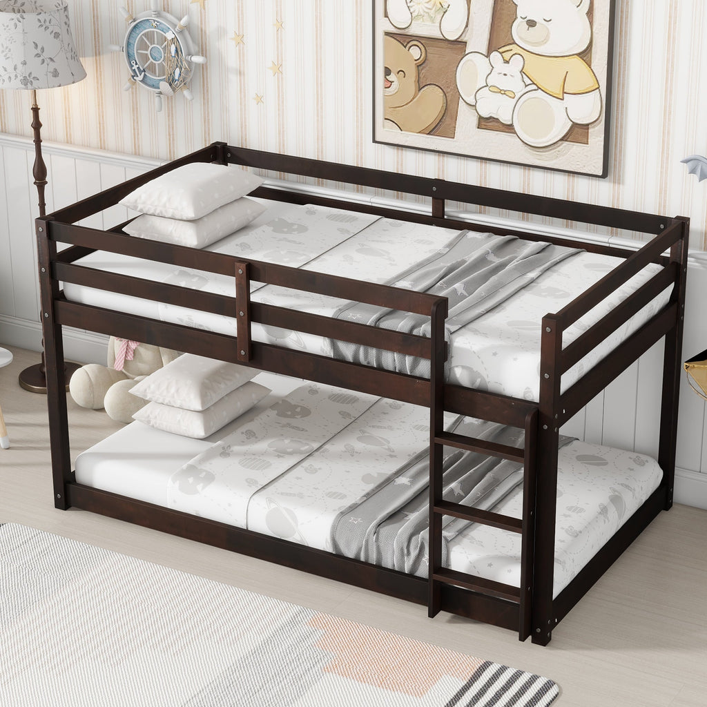 Solid Wooden, Solid Rubber Wooden Twin over Twin Floor Bunk Bed with Ladder, with Bed Platform of Strengthened Slats  , Espresso