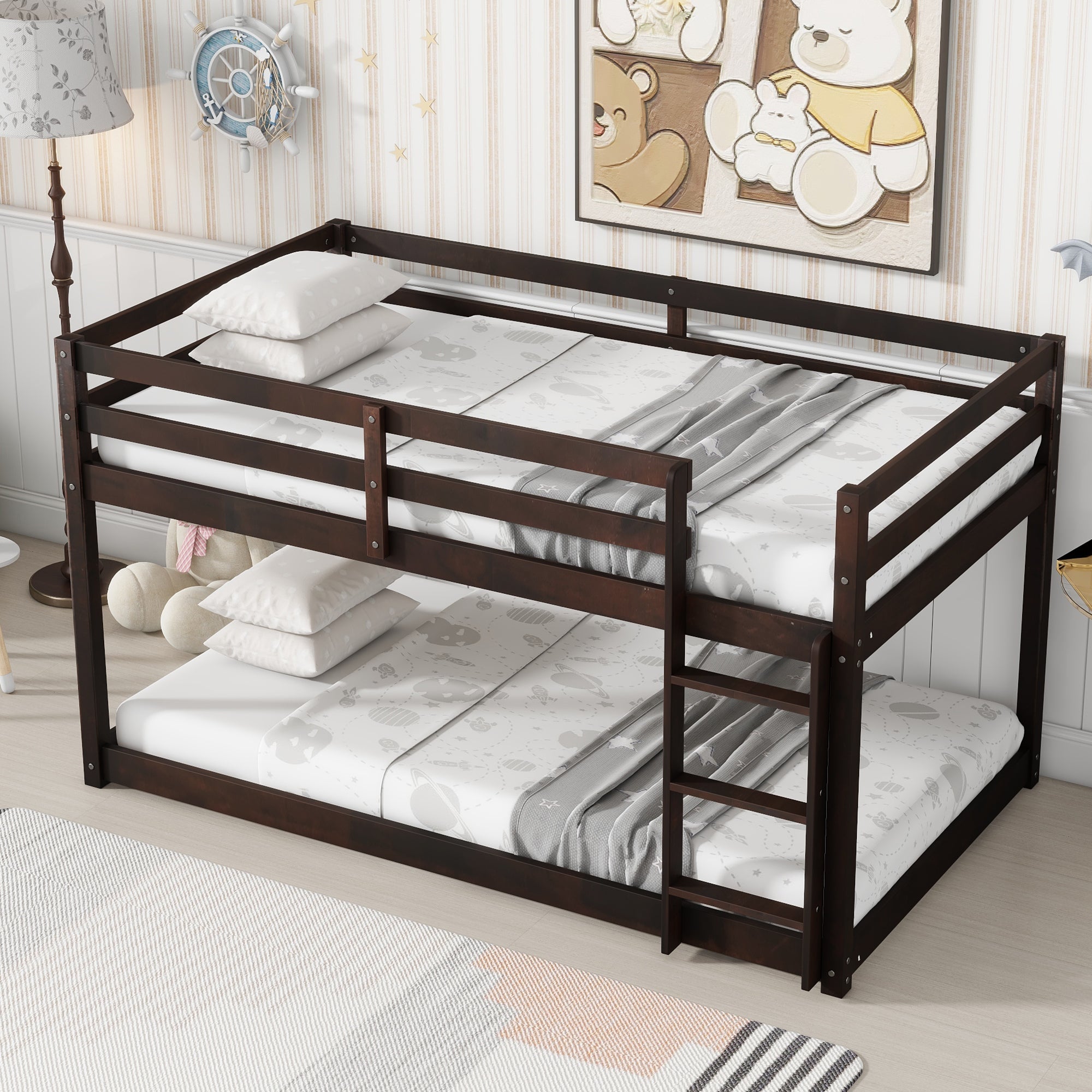 Solid Wooden, Solid Rubber Wooden Twin over Twin Floor Bunk Bed with Ladder, with Bed Platform of Strengthened Slats  , Espresso
