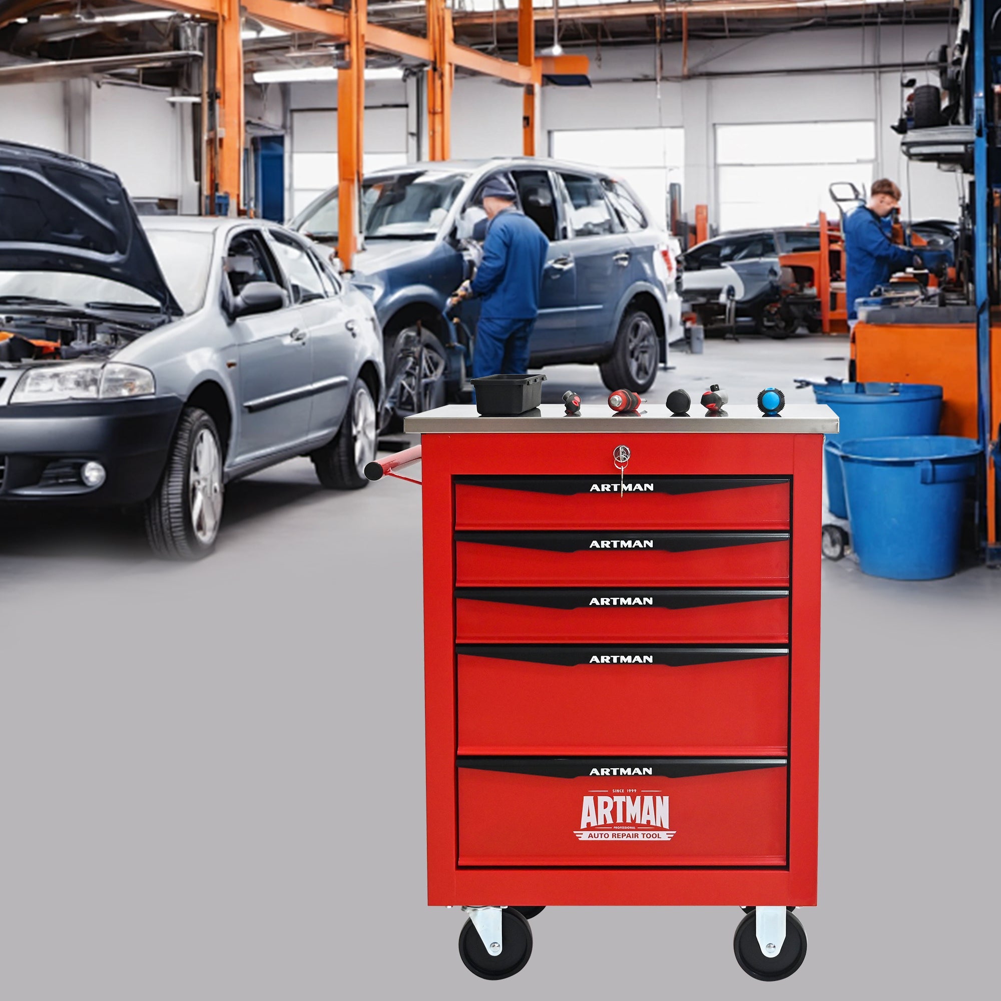 5 Drawers Multifunctional Tool Cart with Wheels,Metal Rolling Tool Cart Storage for Garage Workshop Warehouse Repair Shop--With Stainless Steel Roof--Red&Black