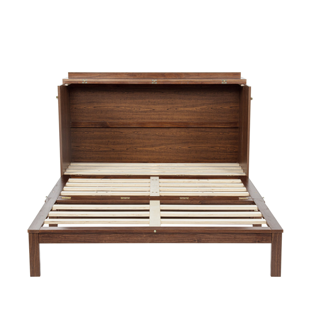 Queen Size Murphy Bed, Pine Wood Cabinet Bed with Power Station and Rattan Decoration Panel,Walnut