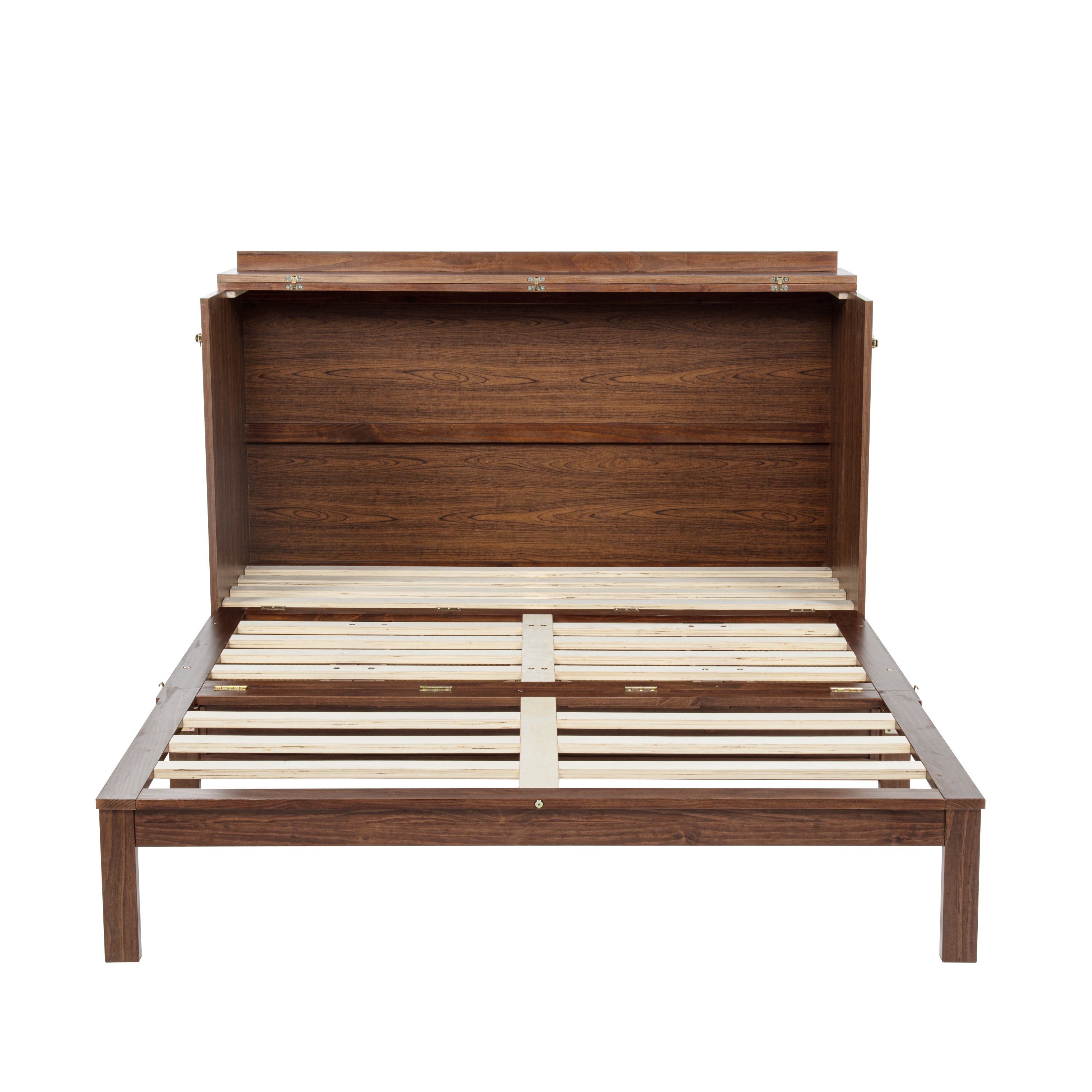 Queen Size Murphy Bed, Pine Wood Cabinet Bed with Power Station and Rattan Decoration Panel,Walnut