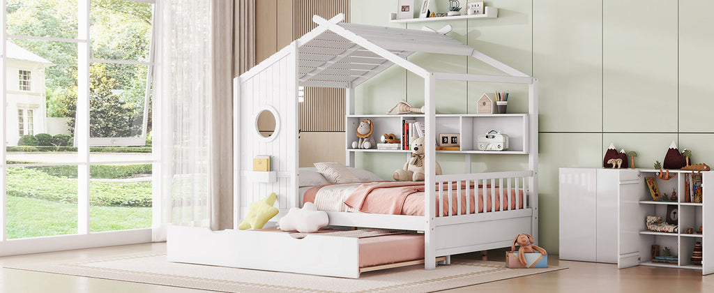 Wooden Full Size House Bed With Trundle, Modern Design for Kids with Storage Shlef, White(old SKU HL000095AAW)