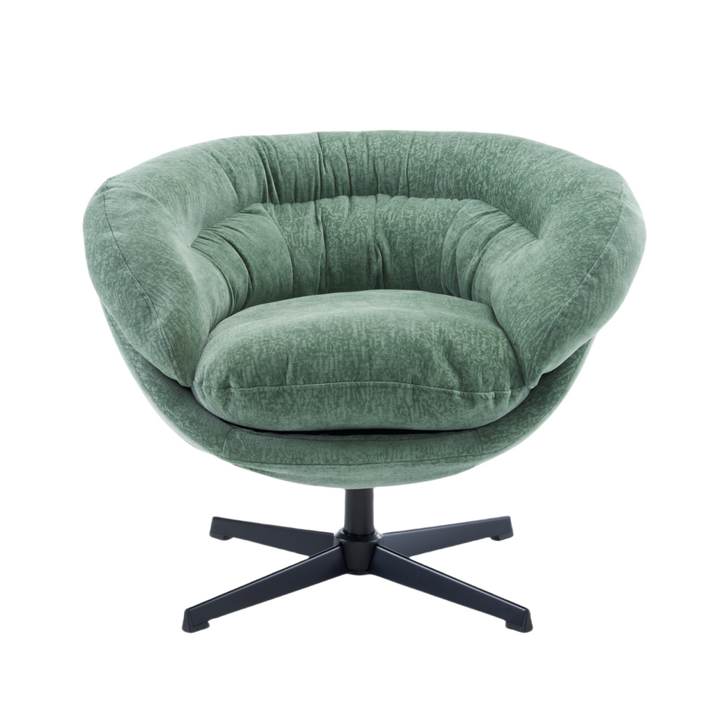 Modern Chenille Office Chair, 360° Swivel Club Chair/Accent Chair with Removable Cushion, Round Office Chair, Black Metal Base, Cotton Material, Living Room, Bedroom, Reading Corner, Office (Green)