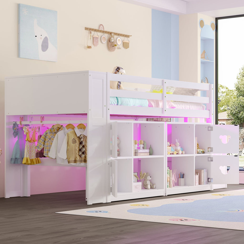 Kids Twin Loft Bed with Storage Cabinets, Staircase Drawers & LED Lights – Solid Wood Low Loft Bed with Shelves, Guardrails, and Fun Bear Handles – Space-Saving Design for Boys & Girls Bedroom (White)