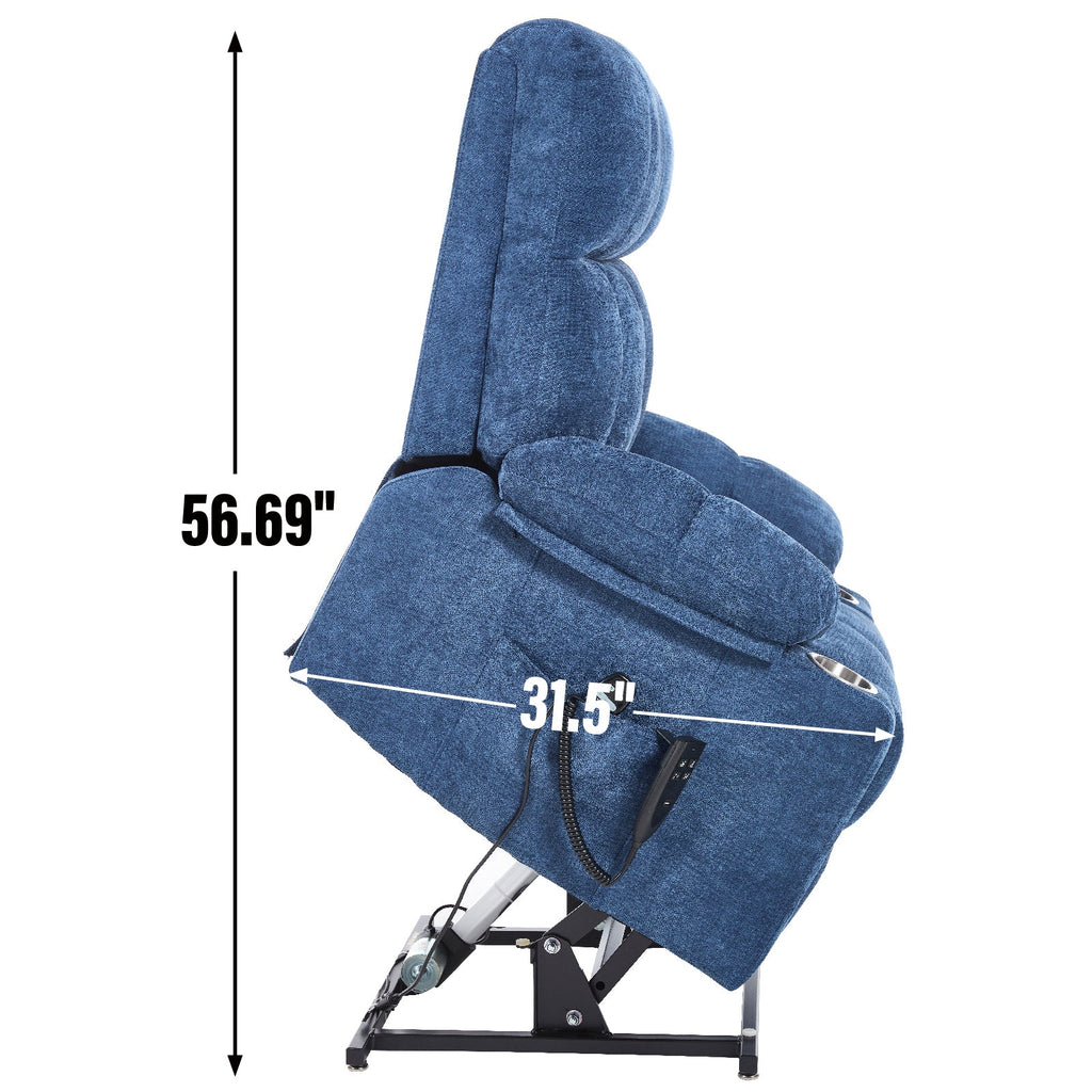 Blue Dual Motor Infinite Position Up to 350 LBS Chenille Power Lift Recliner Chair, Heavy Duty Motion Mechanism with 8-Point Vibration Massage and Lumbar Heating, Dual Cup Holders