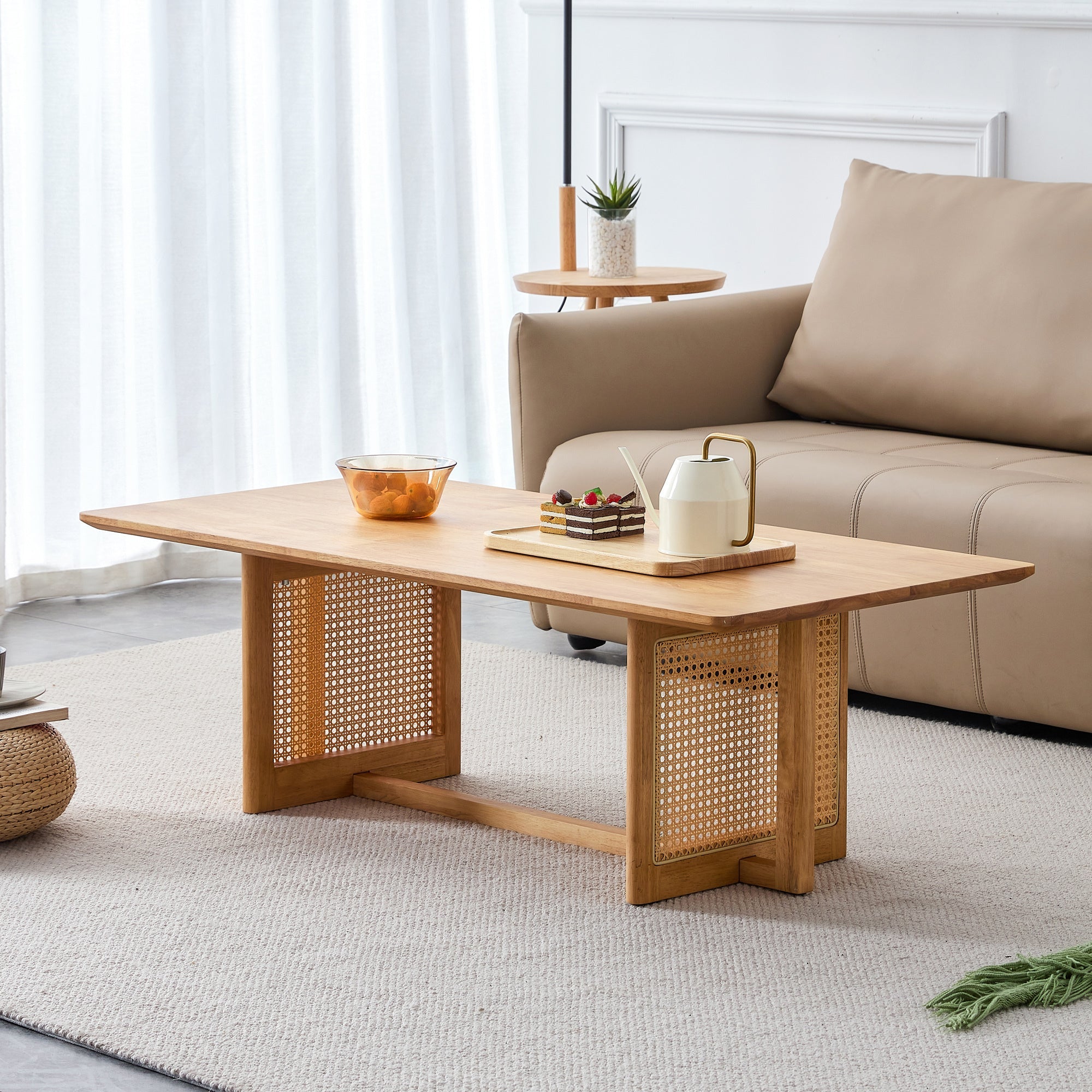 Natural rubber wood and solid wood coffee table  Modern minimalist rattan weaving design, living room balcony, multifunctional small-sized furniture