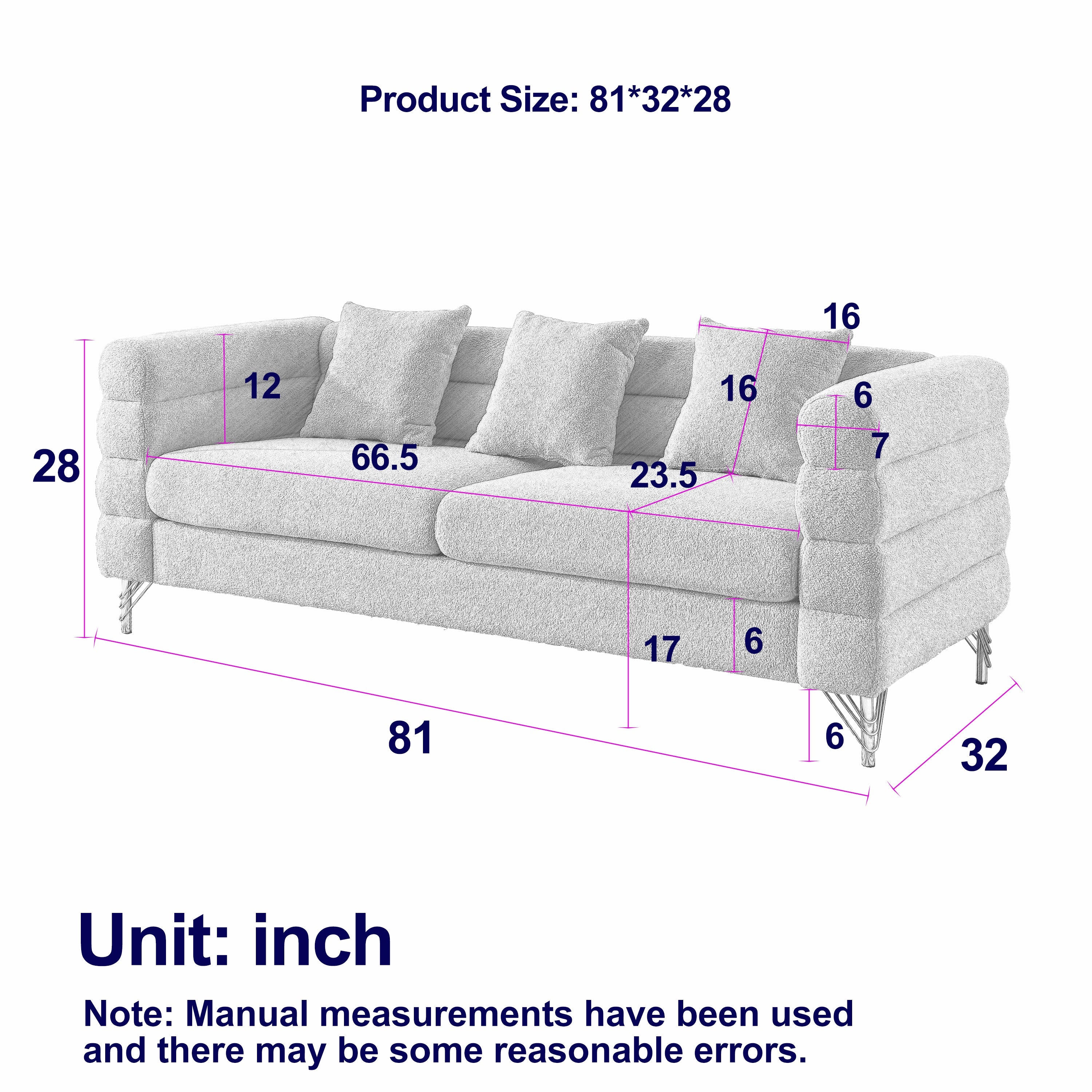 81 Inch Oversized 3 Seater Sectional Sofa, Living Room Comfort Fabric Sectional Sofe-Deep Seating Sectional Sofa, Soft Sitting with 3 Pillows for Living Room,Bedroom,Office, Black teddy(W834S00035)