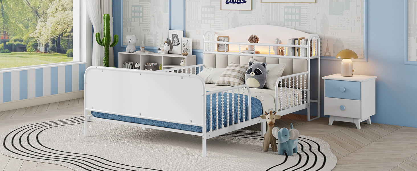 Full Size Metal Platform Bed Frame with Light, Kids Full Metal Bed with Upholstered and Storage Headboard, White (Expect Arrival Date 2025/10/5)