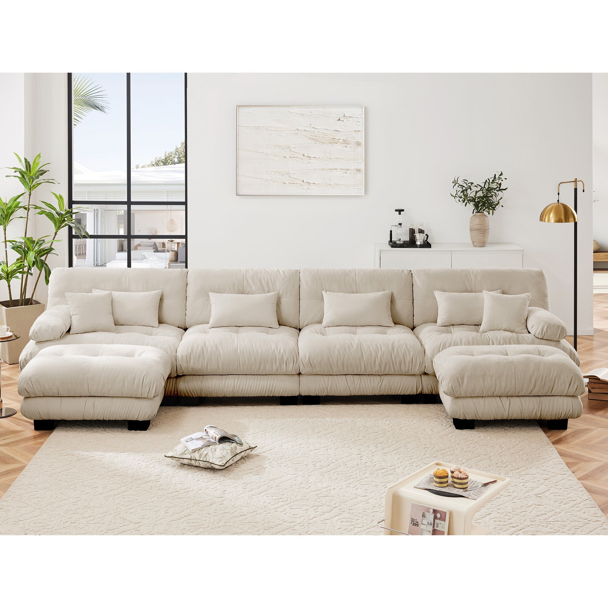 Free Combination Modular Sectional Sofa,U Shaped Couch for Living Room, 4-Seater Comfy Cloud Couch with 2 Ottomans, Chenille Light coffee