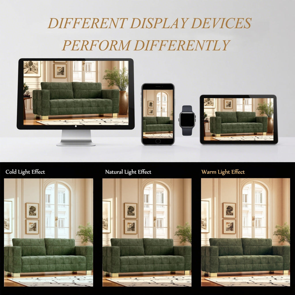 FX-P54-RG SOFA  Modern Green Chenille Sofa Couch, 3-Seater with Square-Tufted Design & Custom Stainless-Steel Legs Comfortable Living Room Couch for Apartment & Small Spaces