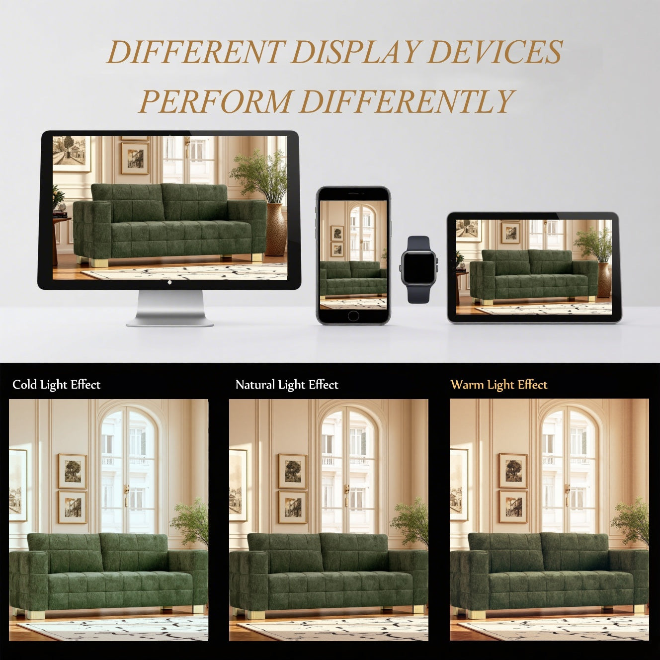 FX-P54-RG SOFA  Modern Green Chenille Sofa Couch, 3-Seater with Square-Tufted Design & Custom Stainless-Steel Legs Comfortable Living Room Couch for Apartment & Small Spaces