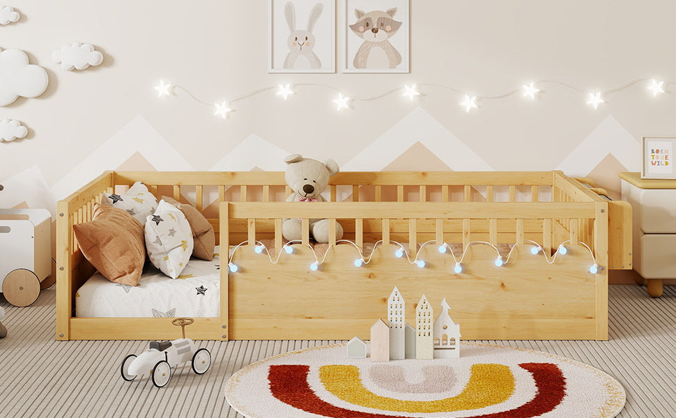 Twin Montessori Floor Bed Frame with High Rails, Wood Kids Floor Beds with Light and Storage Shelf, Natural (Expect Arrival Date 2025/8/15)