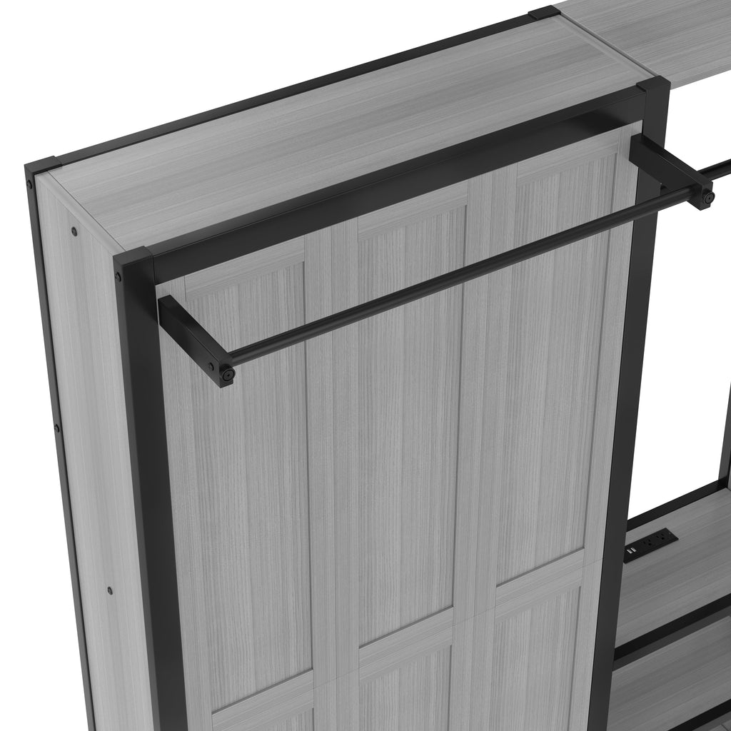 Twin and Twin Murphy Bed, Metal Foldable Murphy Bed with Wardrobe, Shelves and Power Outlets, 2 in 1 Design, Space-saving, Gray