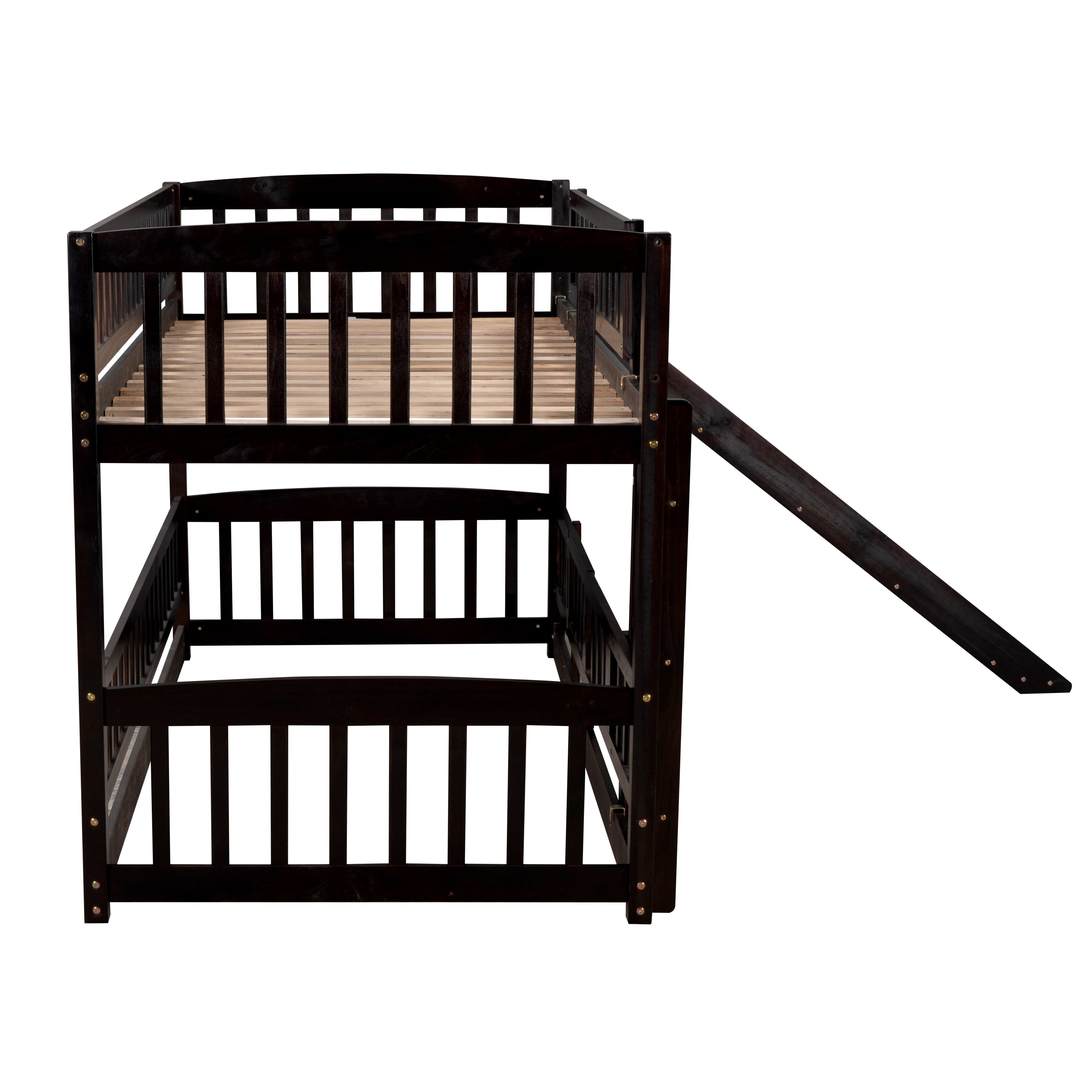 Bunk Bed with Slide,Twin Over Twin Low Bunk Bed with Fence and Ladder for Kids Teens Espresso