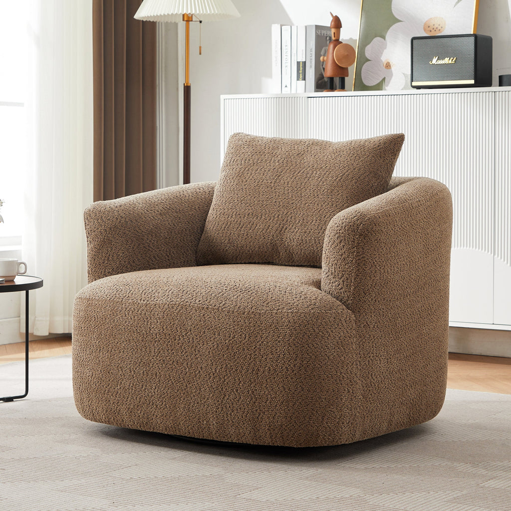 Chenille Upholstered 360° Swivel Chair with Throw Pillow, Dark Brown, 38.2' Accent Chair Sofa for Living Room and Office