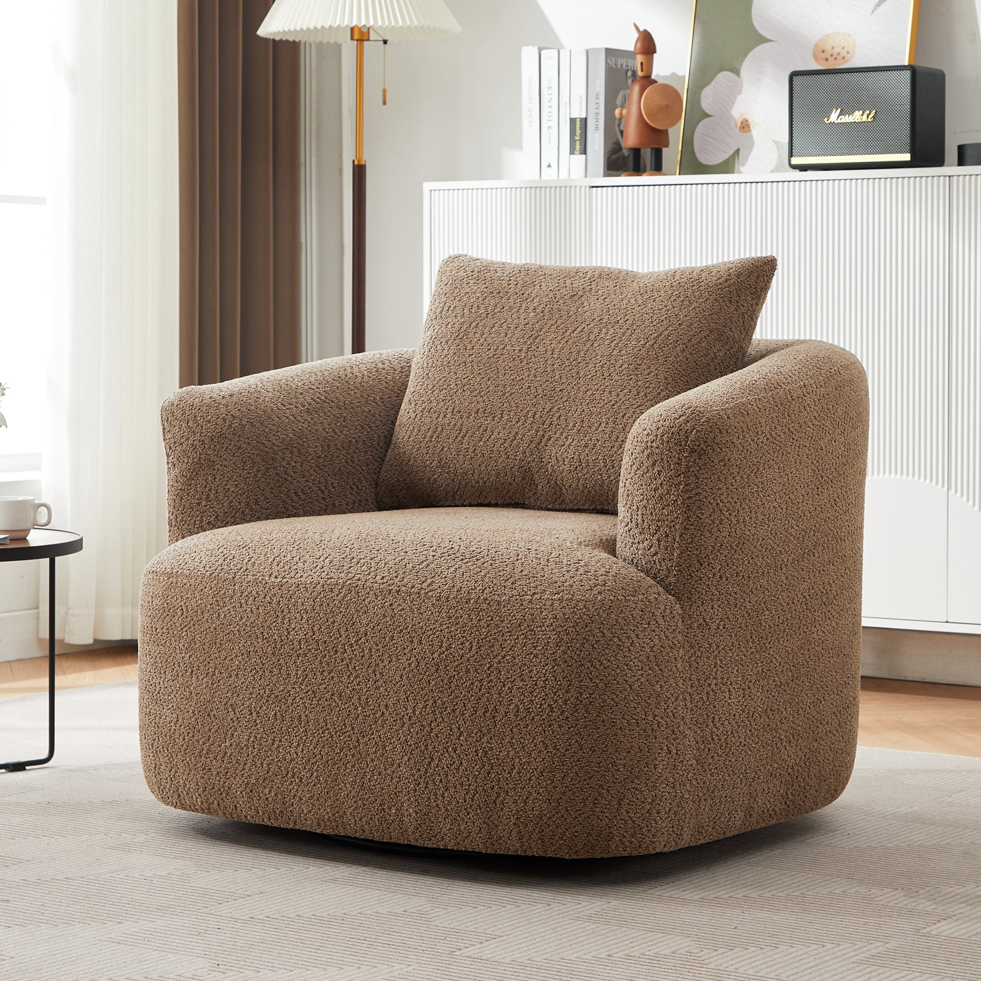 Chenille Upholstered 360° Swivel Chair with Throw Pillow, Dark Brown, 38.2' Accent Chair Sofa for Living Room and Office