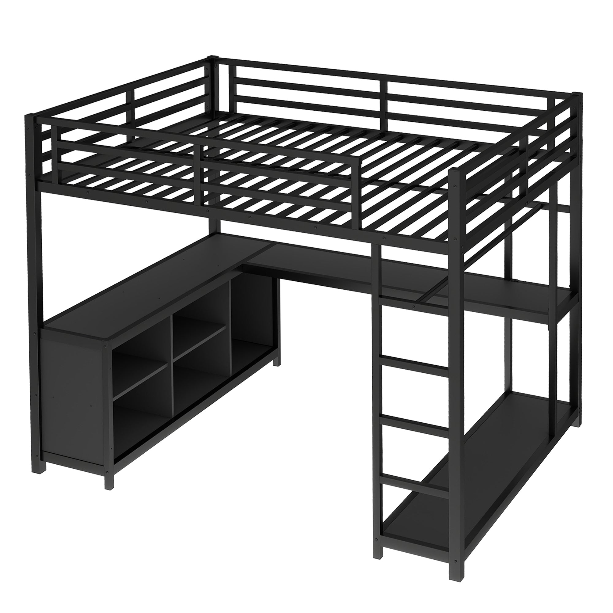 Metal Loft Bed with Wardrobe and L-shaped Desk, Queen Size Loft Bed with Storage Cubes and Shelves, Loft Bed for Kids Teens Adults, Black