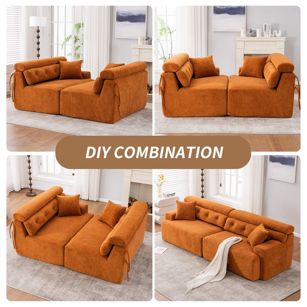 LY-029 Reconfigurable 4-Seater Sectional Sofa with Wood Grain Chenille Fabric, Amber Orange Modular Sofa with 2 Pillows, High-Density Sponge Couch for Living Room & Apartment