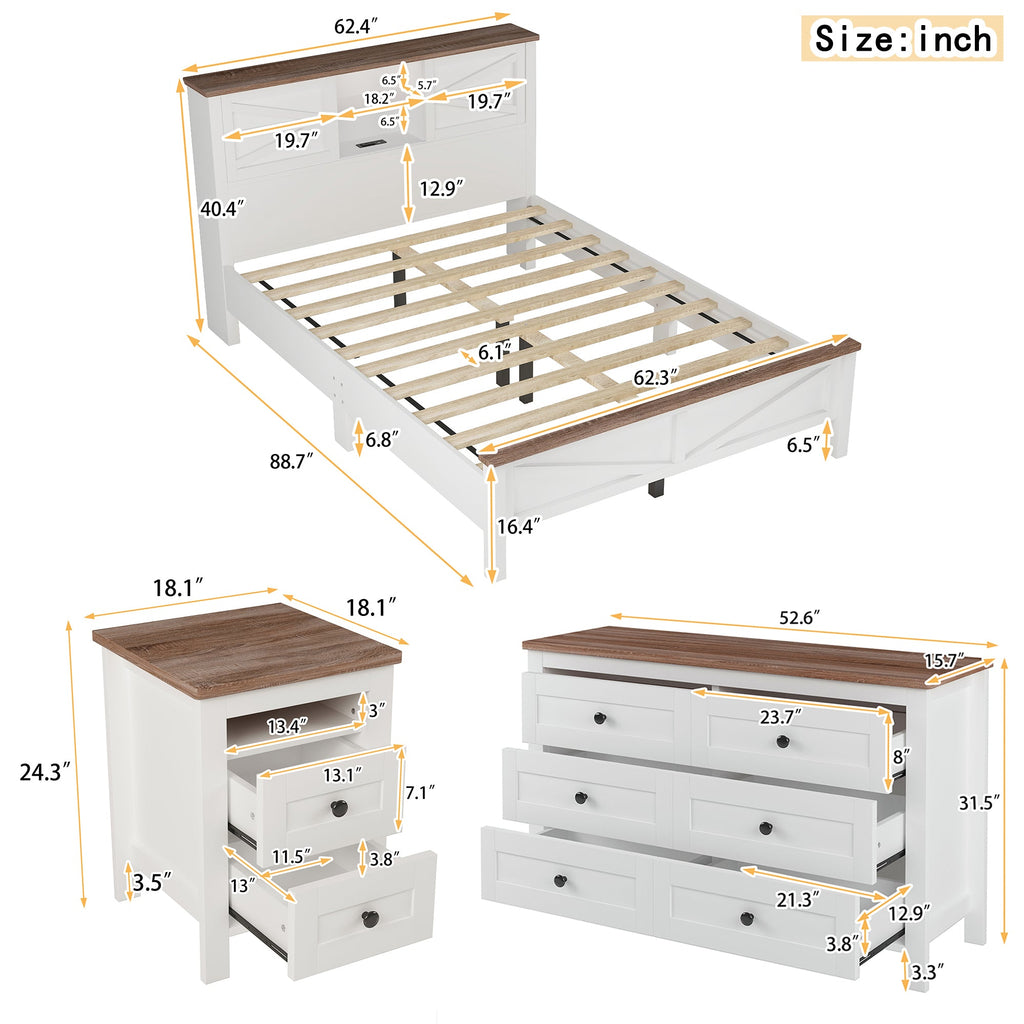 3-Pieces Bedroom Sets Queen Size  Farmhouse Platform Bed with Double Sliding Door Storage Headboard, Storage Nightstand and Dresser, White+Brown(Old SKU HL000092AAK)