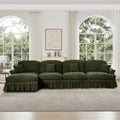 Classic Three Seater Modular L Shaped Sectional Couch with Flared Arms and Removable Ruffles Pleats Skirts and Spindle Legs, Comfy Chenille Four-Seat Deep Seat Sofa with Movable Ottoman, Green